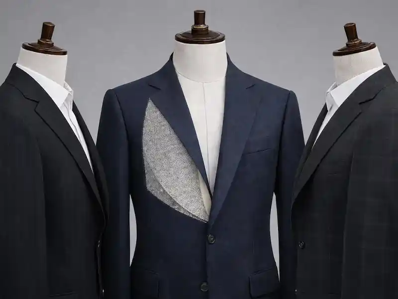 Technical hybrid chest construction featuring haircloth for premium suit structure.