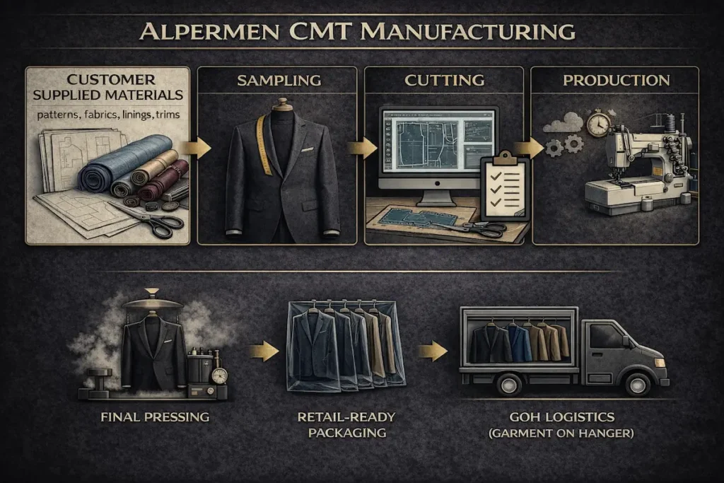 Technical CMT (Contract Manufacturing) process for men's and women's suits with short lead-time efficiency.