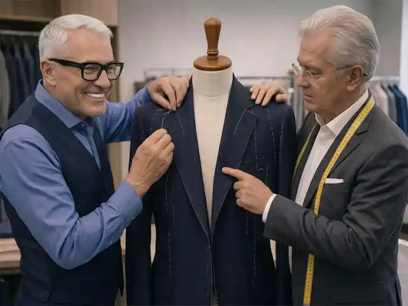 Decades of tailoring expertise at Alpermen with master tailors refining a suit jacket structure.