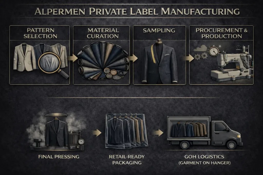 Full-service Private Label production process for men's and women's suits with short lead-time delivery.