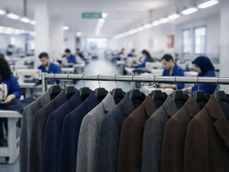 Large-scale suit production line with a daily capacity of 600 jackets and 400 suits.