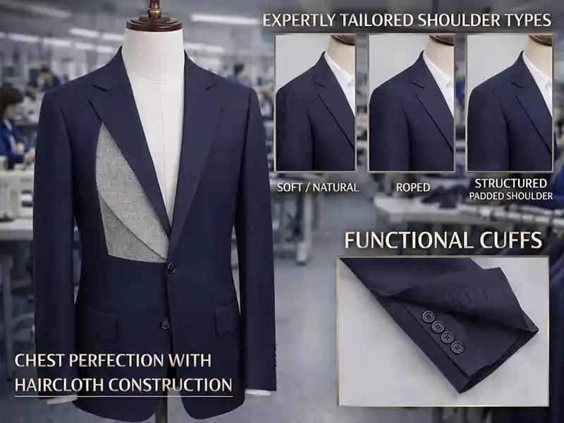 Hybrid haircloth chest construction and specialized shoulder types for high-end jackets.