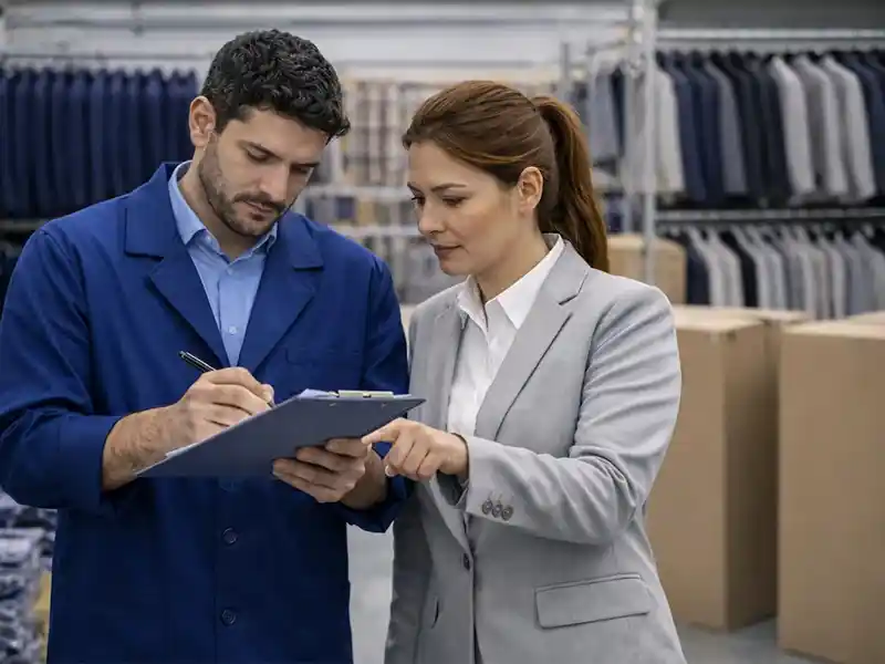 Professional quality control and technical inspection of men’s and women’s suits at Alpermen Istanbul.