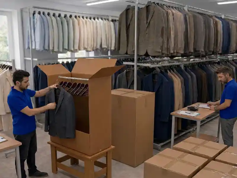 Final suit sorting, counting, and quality control before short lead-time global shipping at Alpermen Istanbul.