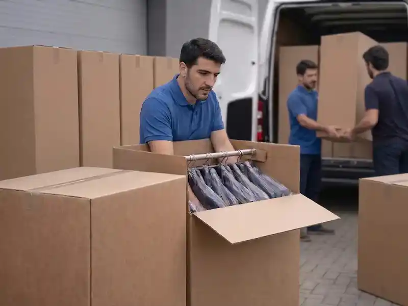 Secure wardrobe box packing and GOH logistics for men’s and women’s suits with short lead-time shipping.