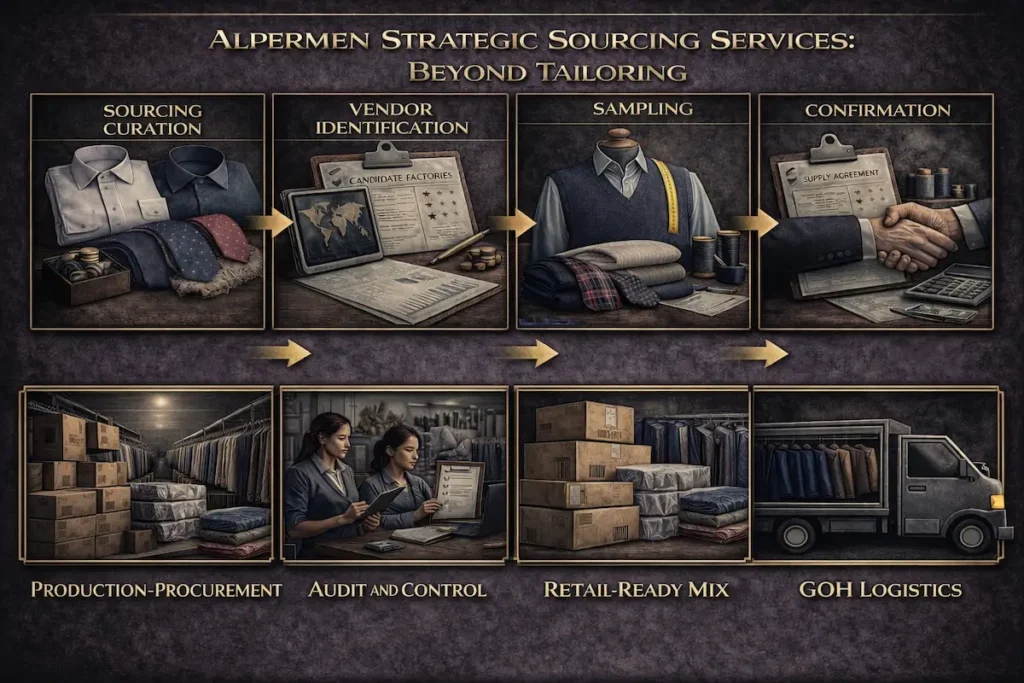 Strategic complementary sourcing process for men's shirts, knitwear, and essentials with low-MOQ flexibility.