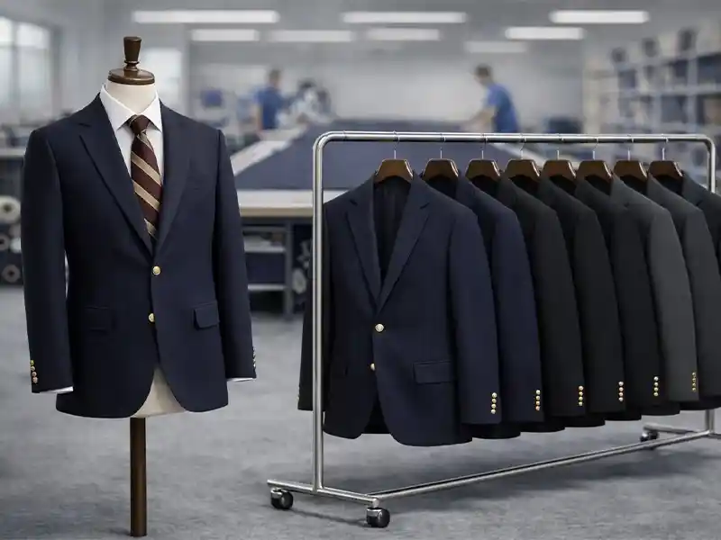 Structured men's suit manufacturing with full internal haircloth canvas for premium business formalwear.