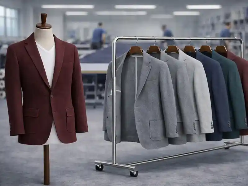 Unstructured soft tailoring for travel-wear blazers with low-MOQ flexibility and precision cut.